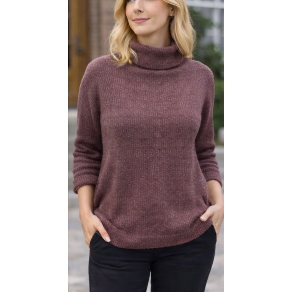 Three dots purple waffled puff sleeve funnel neck sweater